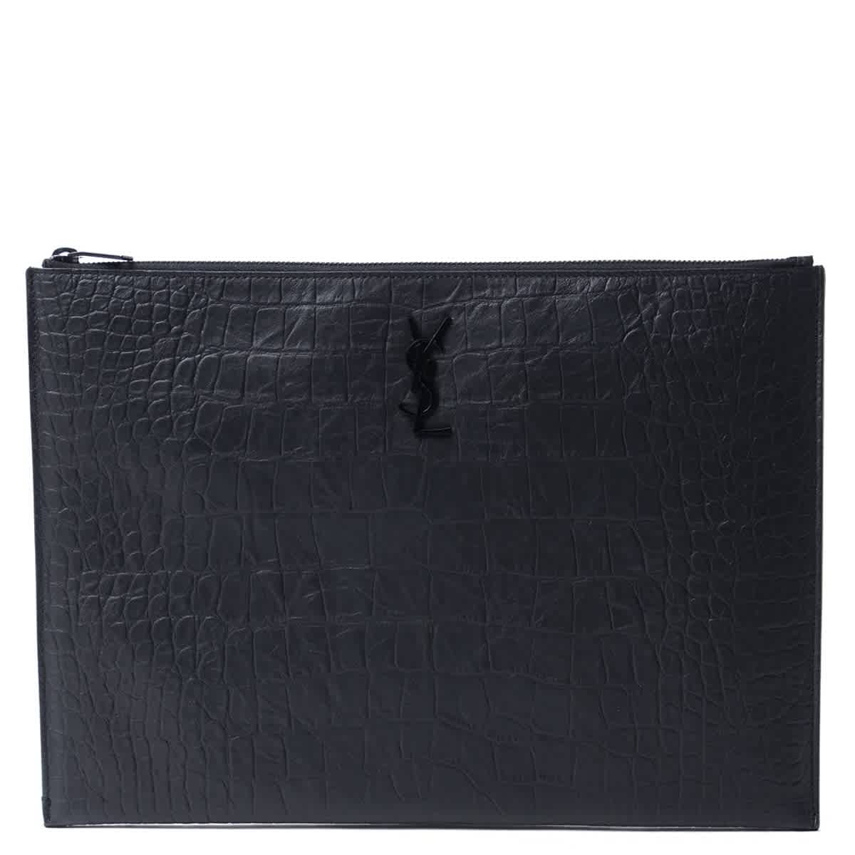Saint Laurent Black Monogram Document Holder In Crocodile Embossed Leather