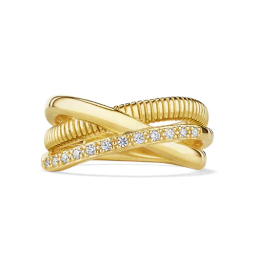 Judith Ripka Eternity Three Band Highway Ring With Diamonds In 18k In Gold-tone