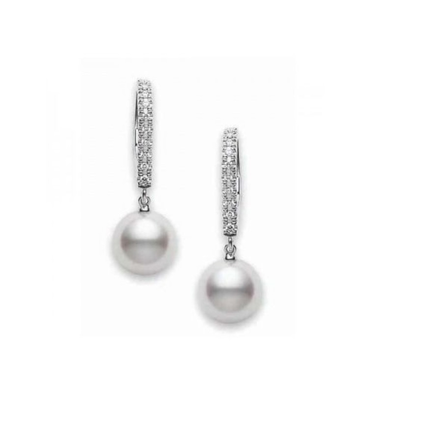 Mikimoto Akoya Pearl & Diamond Drop Earrings With 18k White Gold 7.5mm - Pea1008dw