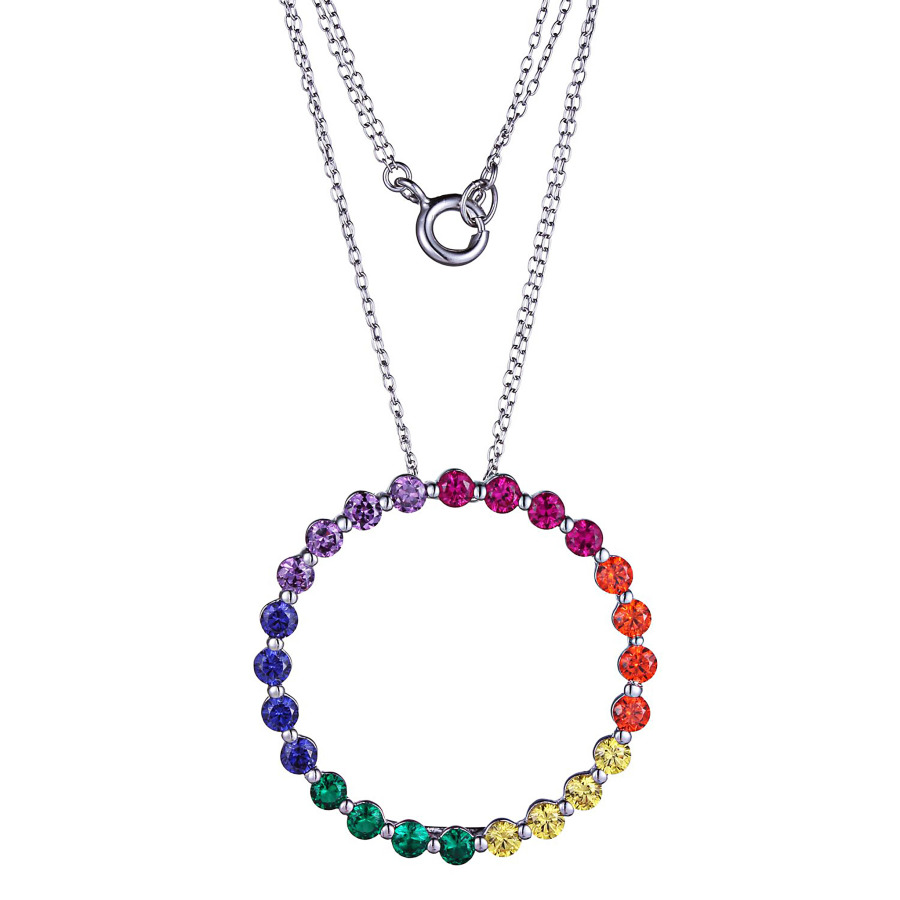 CLASSIC TREASURES STERLING SILVER CREATED RUBY RAINBOW CUBIC ZIRCONIA OPEN CIRCLE PENDANT NECKLACE