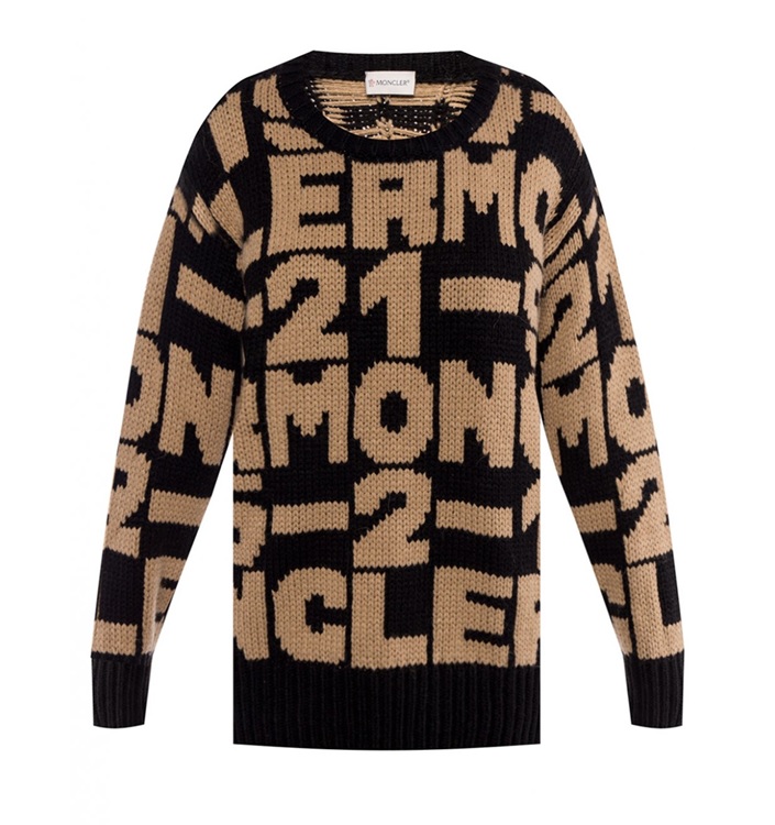 Moncler Black Tricot Pullover With Lettering Intarsia In Black
