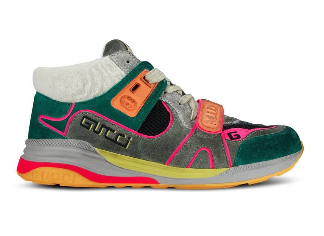Gucci Mens Ultrapace Mid-top Sneakers, Brand Size 8 (us Size 8.5) In Black,green,grey,pink