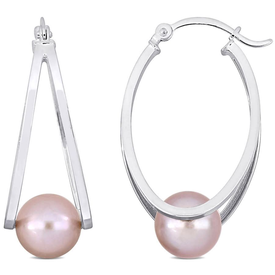 Amour 8-8.5mm Freshwater Cultured Pink Pearl Hoop Earrings In Sterling Silver In White