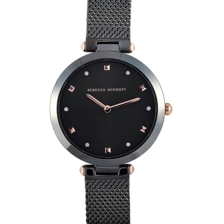 Shop Rebecca Minkoff Nina Quartz Crystal Black Dial Ladies Watch 2200302 In Black / Gold Tone / Rose / Rose Gold Tone