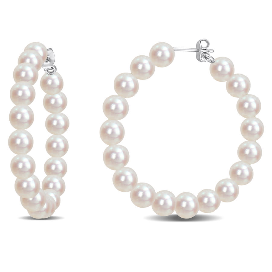 Amour 6-6.5mm Freshwater Cultured Pearl Hoop Earrings In Sterling Silver In White