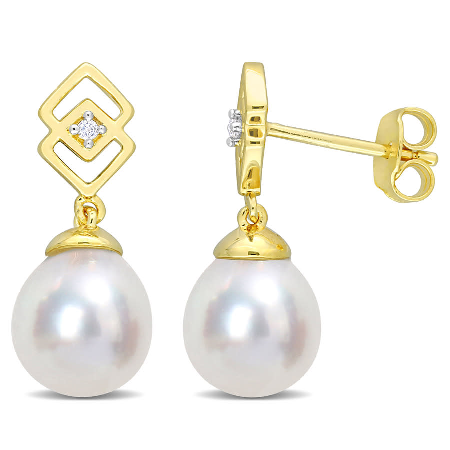 Amour 8-9mm South Sea Cultured Freshwater Pearl And White Topaz Drop Earrings In Yellow Plated Sterling Si