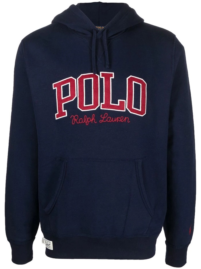 POLO RALPH LAUREN MENS NAVY LOGO-PRINT DRAWSTRING HOODIE, SIZE LARGE