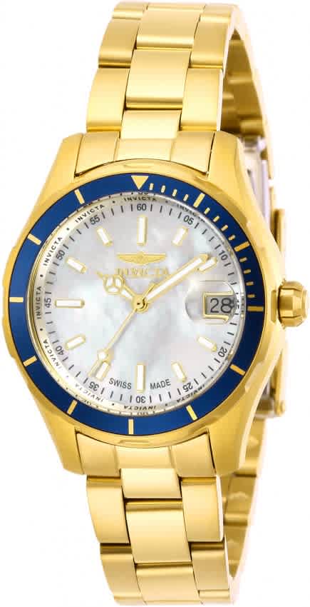 Invicta Pro Diver Quartz White Mother Of Pearl Dial Ladies Watch 28646 In Blue,gold Tone,mother Of Pearl,white