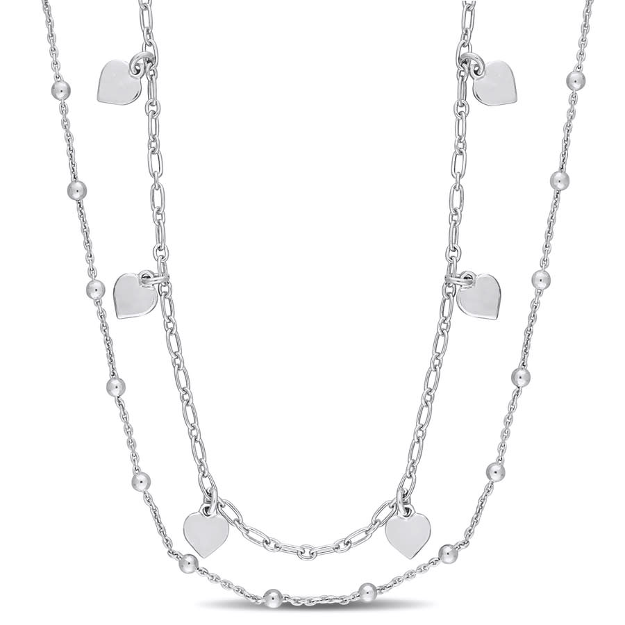 Amour Heart And Ball Bead Chain Necklace In Sterling Silver In White