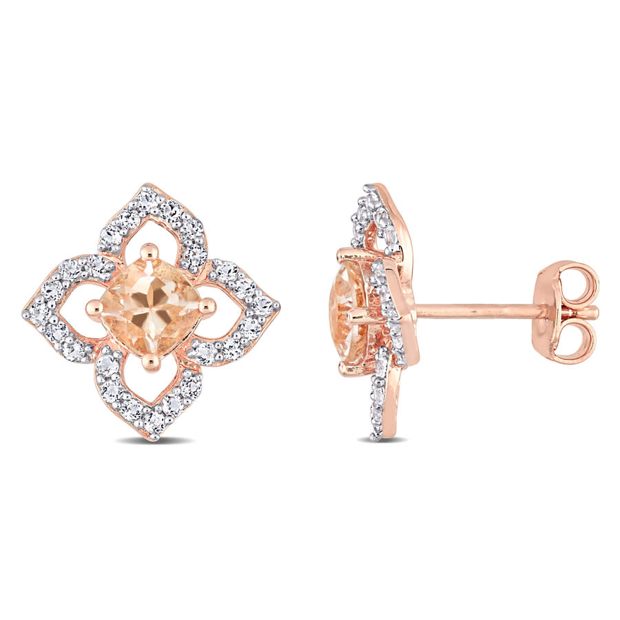 Amour 1 3/5 Ct Tgw Morganite And White Topaz Floral Stud Earrings In Rose Plated Sterling Silver In Pink
