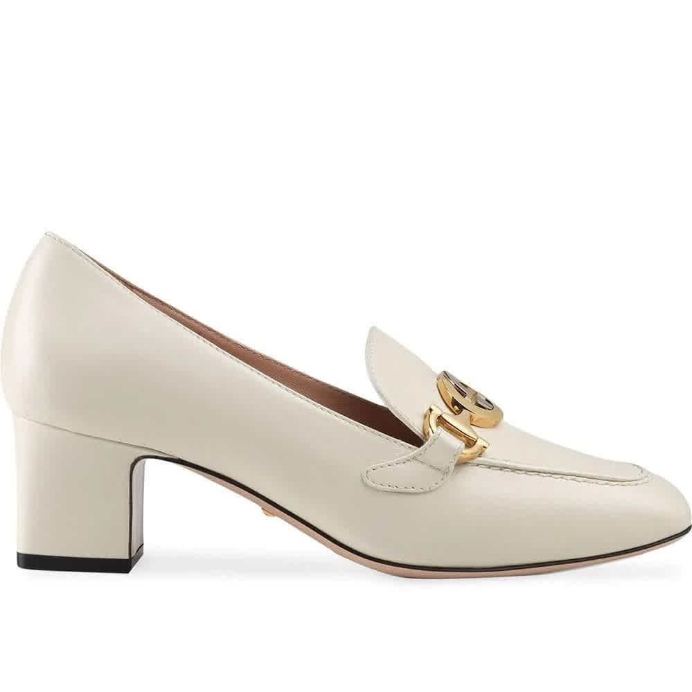 gucci leather mid heel loafer white