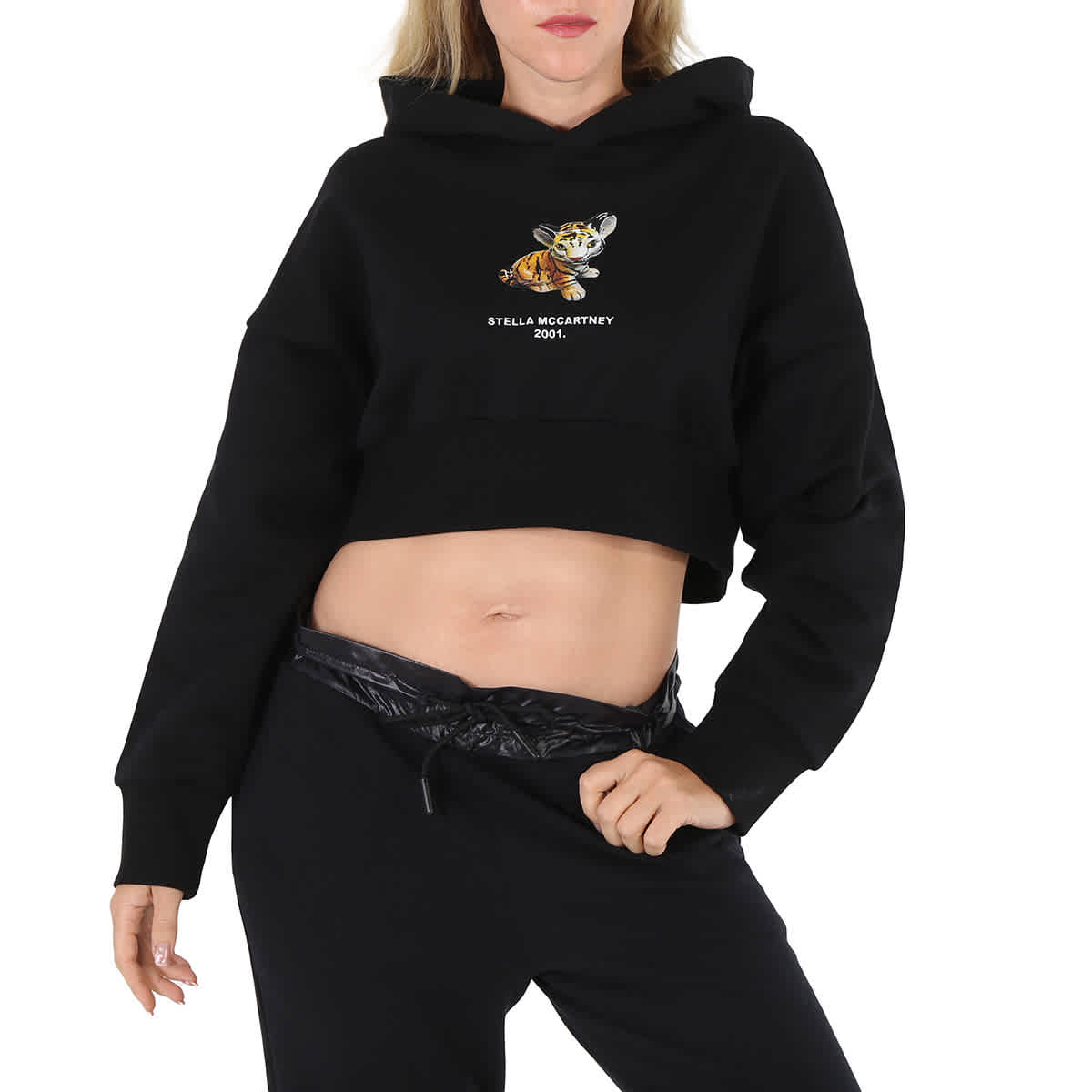 Stella Mccartney Cropped Tiger Graphic Hooded Sweatshirt In Black