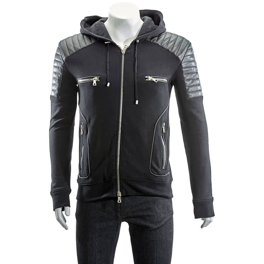 Balmain Mens Black Hooded Cotton And Leather Crest Jacket