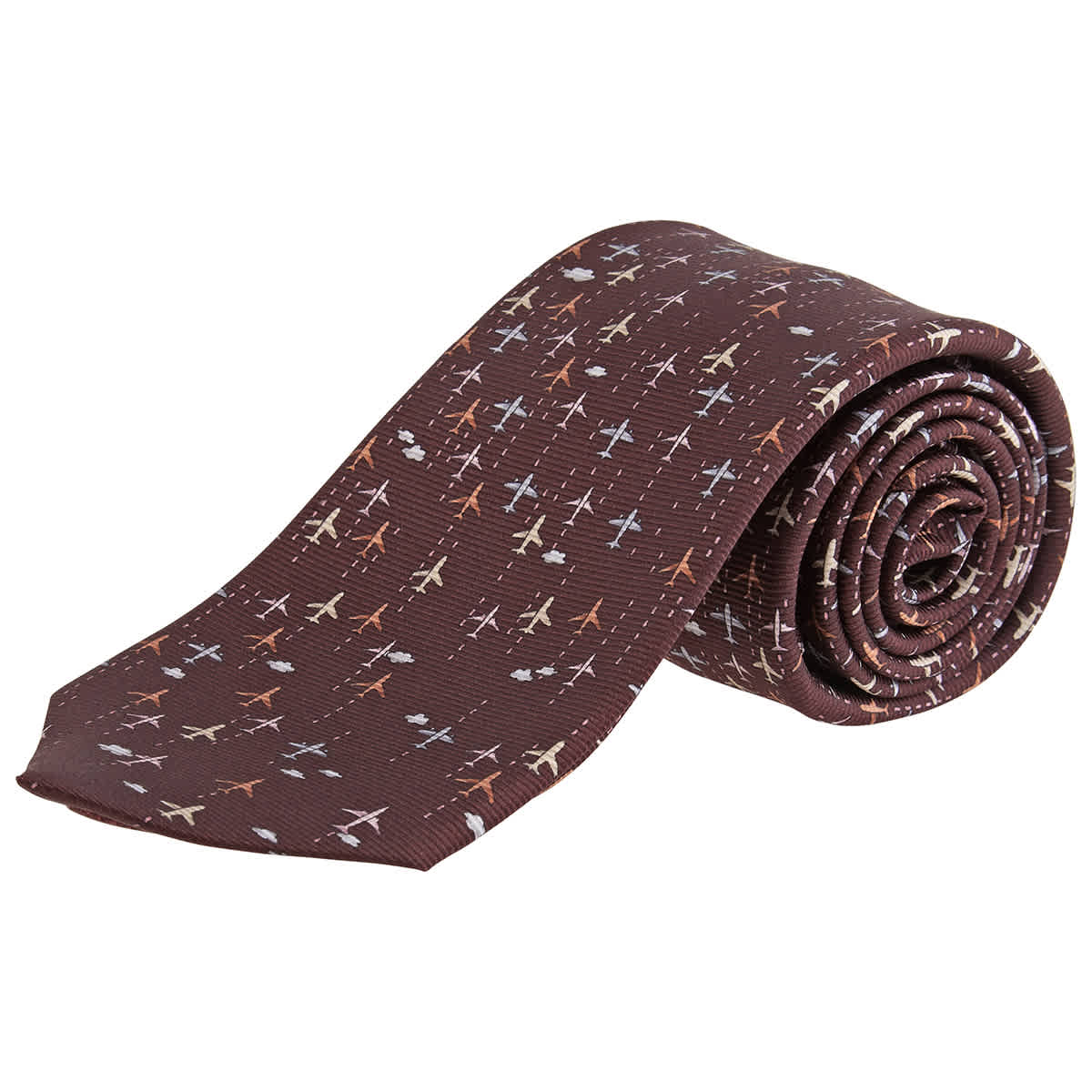 Bvlgari Mens Pictorial Plane Print Tie In Brown