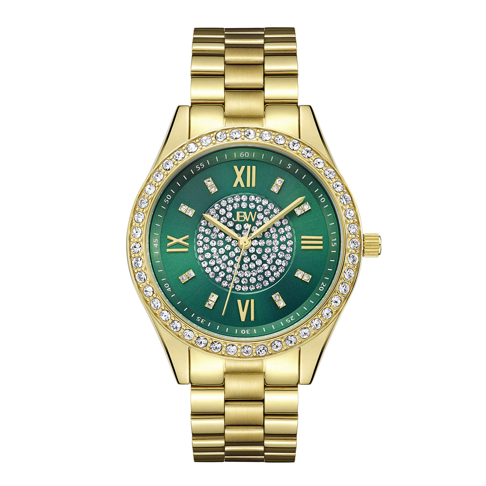 Jbw Women's Mondrian Diamond (1/6 Ct.t.w.) 18k Gold Plated Stainless Steel Watch In Gold / Gold Tone / Green