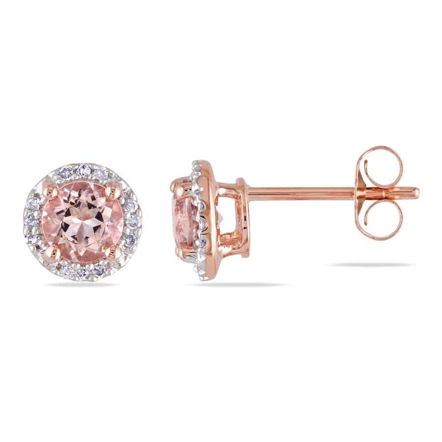 Amour Morganite Halo Earrings With Diamonds In 10k Rose Gold In Gold / Pink / Rose / Rose Gold / White