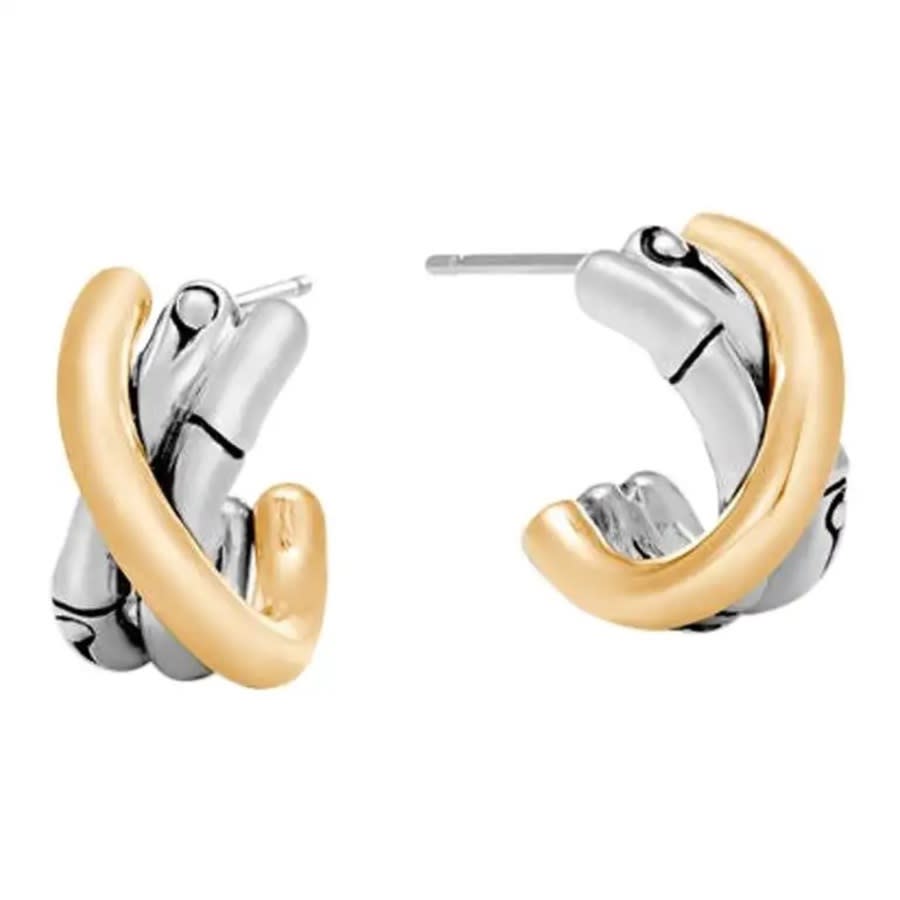 John Hardy Brushed 18k Yellow Gold And Sterling Silver Bamboo J Hoop Earrings In Silver-tone