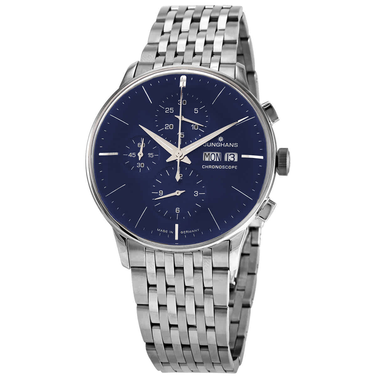 JUNGHANS MEISTER CHRONOSCOPE CHRONOGRAPH AUTOMATIC BLUE DIAL MENS WATCH 027/4528.44