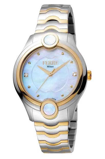 Ferre Milano White Mother Of Pearl Dial Ladies Watch Fm1l083m0071 In Two Tone  / Gold Tone / Mother Of Pearl / White