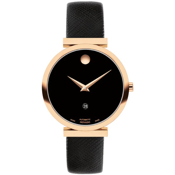 Movado Women's Museum Classic Automatic Rose-goldtone Stainless Steel & Leather Strap Watch/32mm In Black / Gold Tone / Rose / Rose Gold Tone