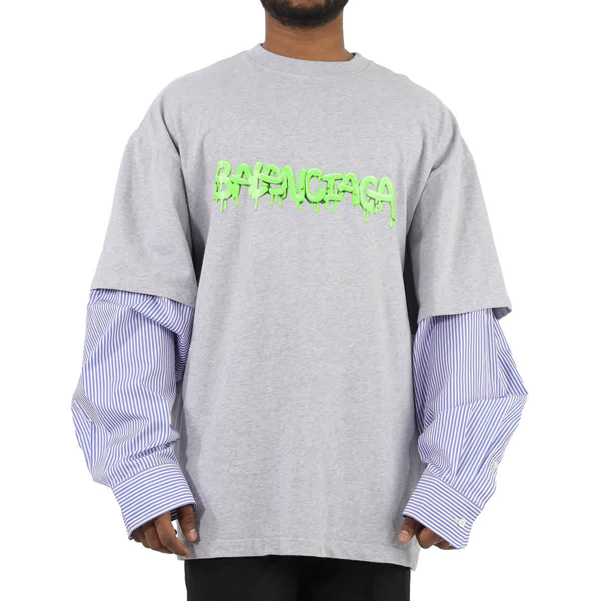 BALENCIAGA HEATHER GREY / SLIMEGREEN LOGO LAYERED SLEEVE T-SHIRT, SIZE MEDIUM