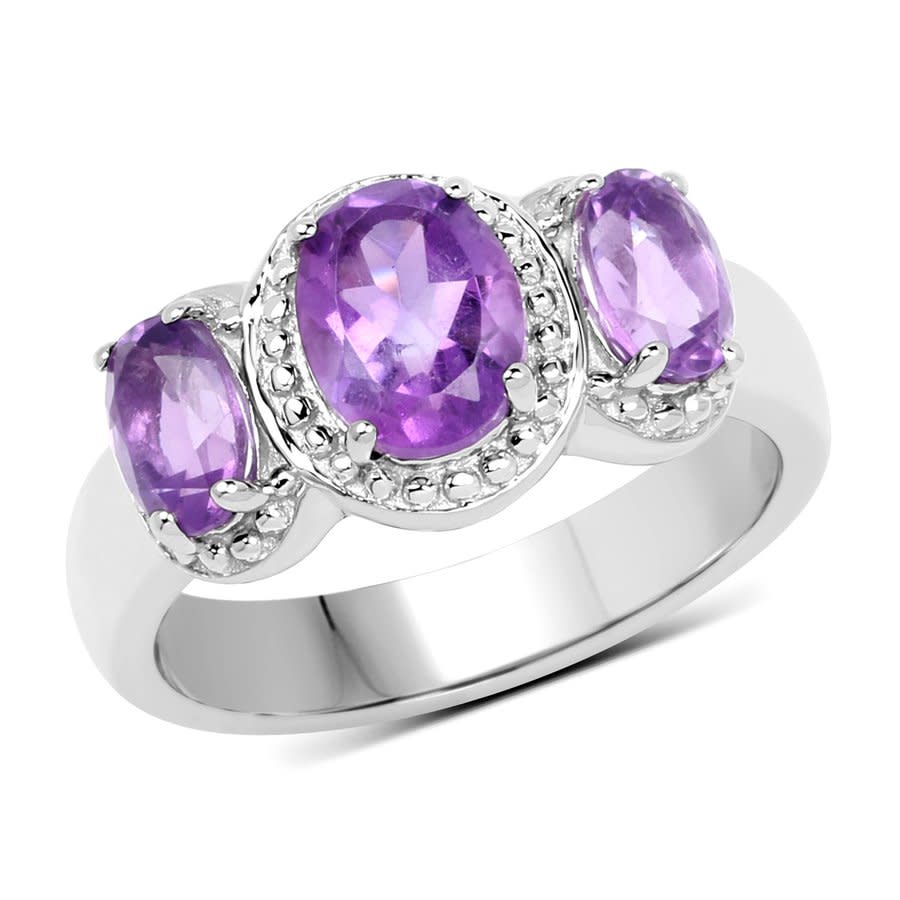 Dazzling Rock Dazzlingrock Collection Sterling Silver Oval Cut Amethyst Ladies 3 Stone Halo Style Bridal Engagemen In Purple,silver Tone