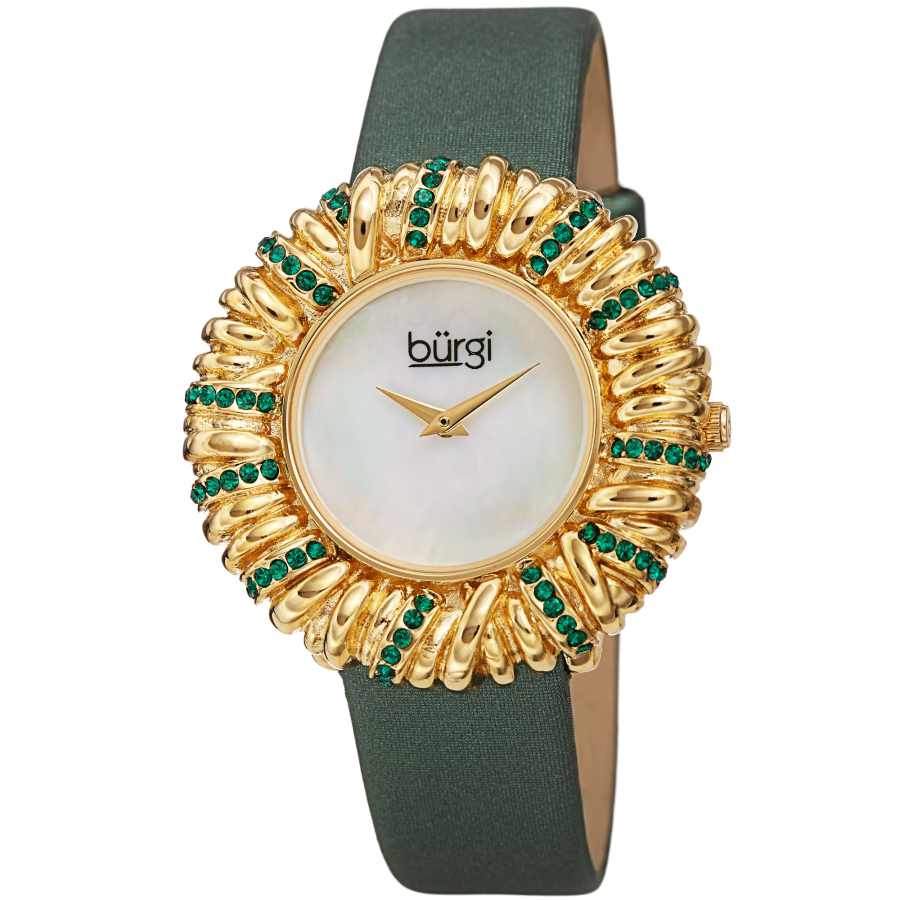 Burgi Twisted Bezel Quartz Diamond White Dial Ladies Watch Bur255gn In Brass / Gold Tone / Green / White