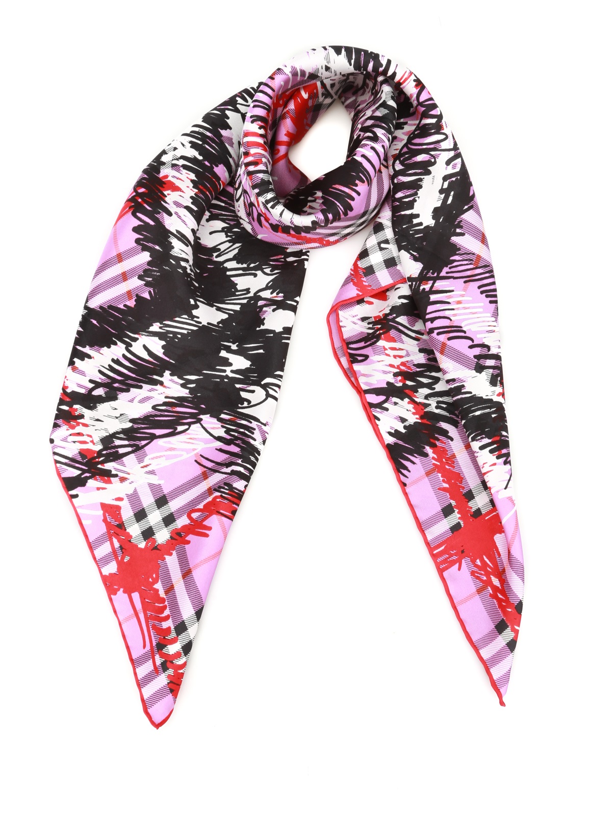 Burberry Scribble Check Silk Square Scarf In Fuchsia