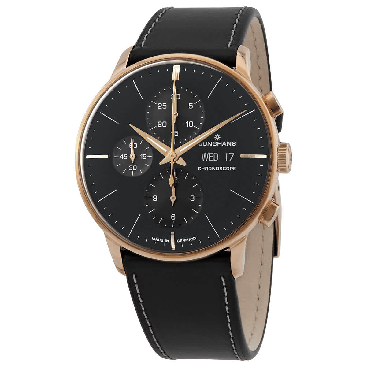 Click to view more detailed imagery on our partner's website Junghans Meister Chronoscope Chronograph Automatic Black Dial Mens Watch 027/7923.01 In Black,gold Tone,pink,rose Gold Tone