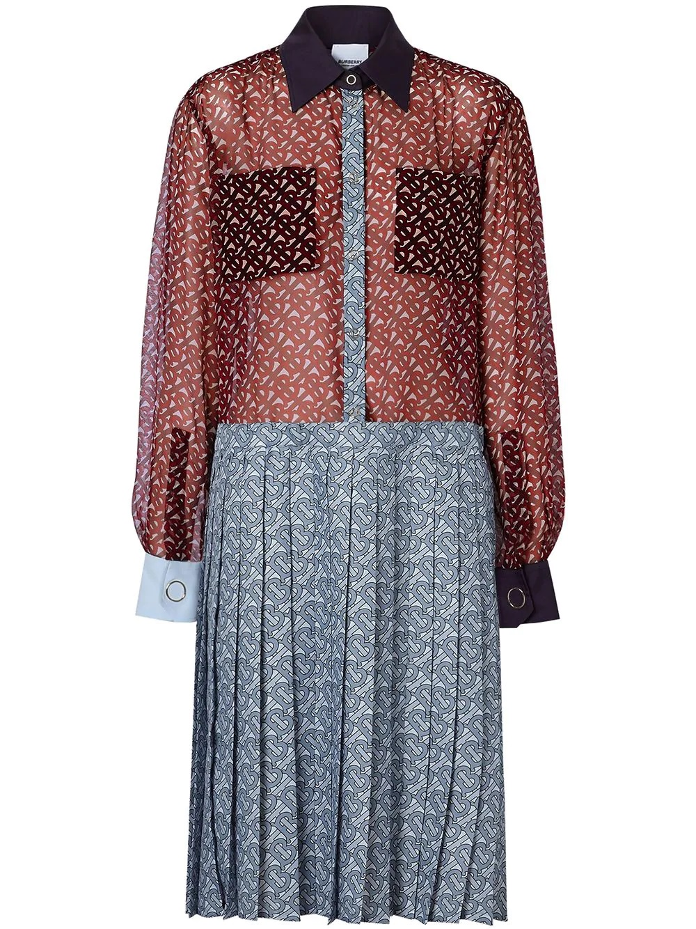 BURBERRY RUNWAY RED MONOGRAM PRINT SILK CHIFFON PLEATED SHIRT DRESS