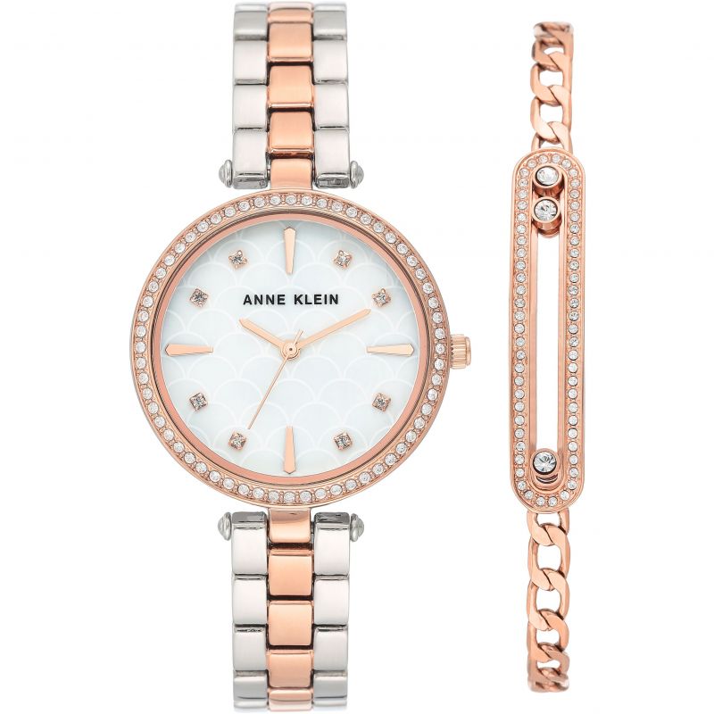 Anne Klein Premium Crystal Accented Watch And Bracelet Set In Two Tone  / Gold Tone / Mother Of Pearl / Rose / Rose Gold Tone / White