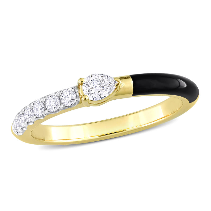 Amour 1/4 Ct Tdw Pear And Round Diamonds Ring In 14k Yellow Gold And Black Enamel In Black,gold Tone,yellow