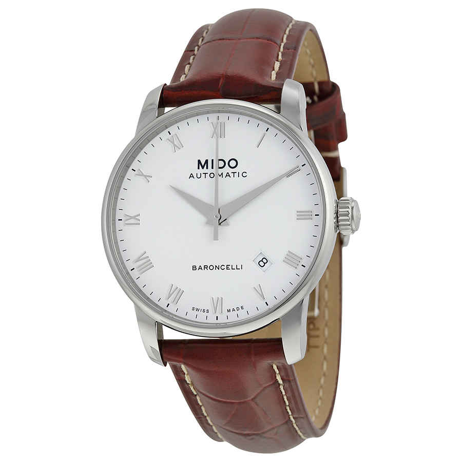 Mido Baroncelli Automatic White Dial Mens Watch M86004268 In Brown,silver Tone,white