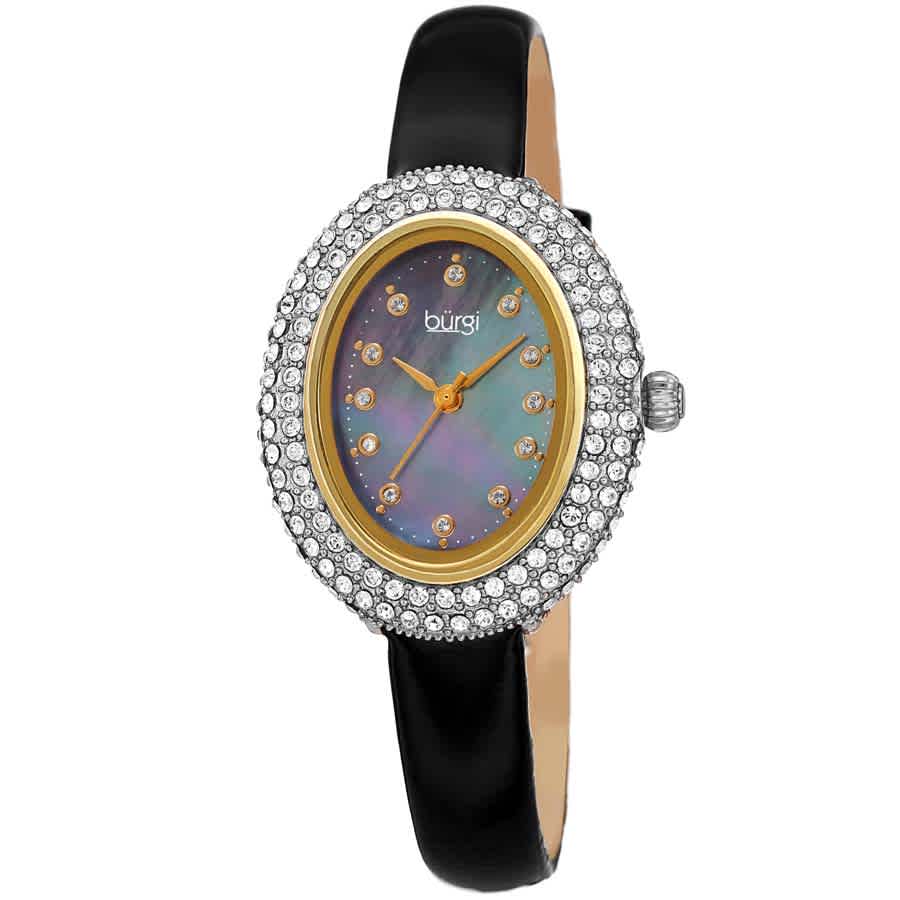 Burgi Crystal Black Dial Black Leather Ladies Watch Bur234bk In Black / Brass / Gold Tone / Mother Of Pearl