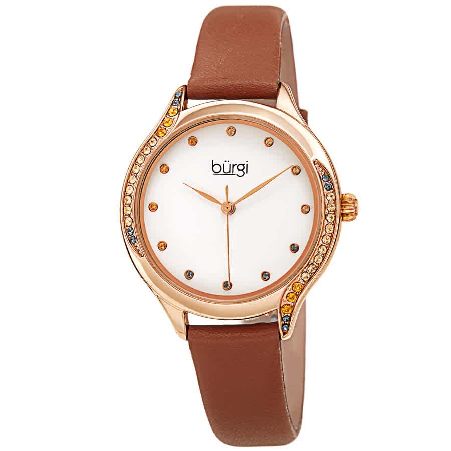 Burgi Crystal White Dial Brown Leather Ladies Watch Bur239br In Brown / Gold Tone / Rose / Rose Gold Tone / White