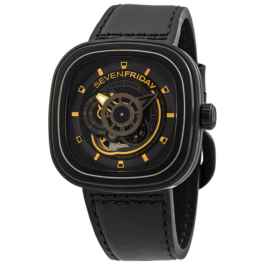 Sevenfriday P-series Automatic Black Dial Men's Watch P2b/02 In Black / Gold / Yellow