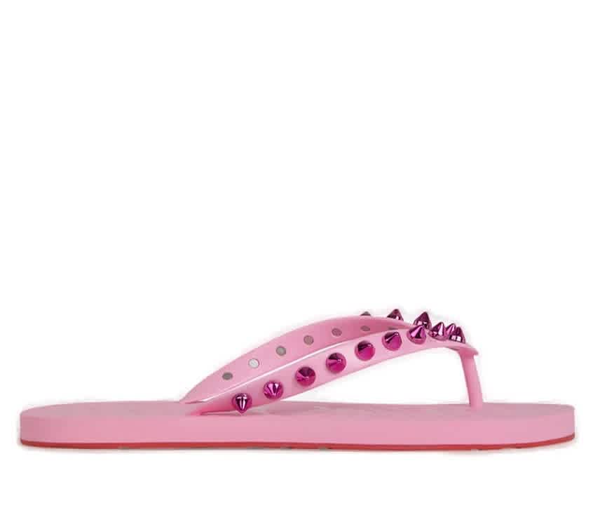 CHRISTIAN LOUBOUTIN LADIES PINK LOUBI SPIKES DETAIL FLIP FLOPS, BRAND SIZE 37 ( US SIZE 7 )