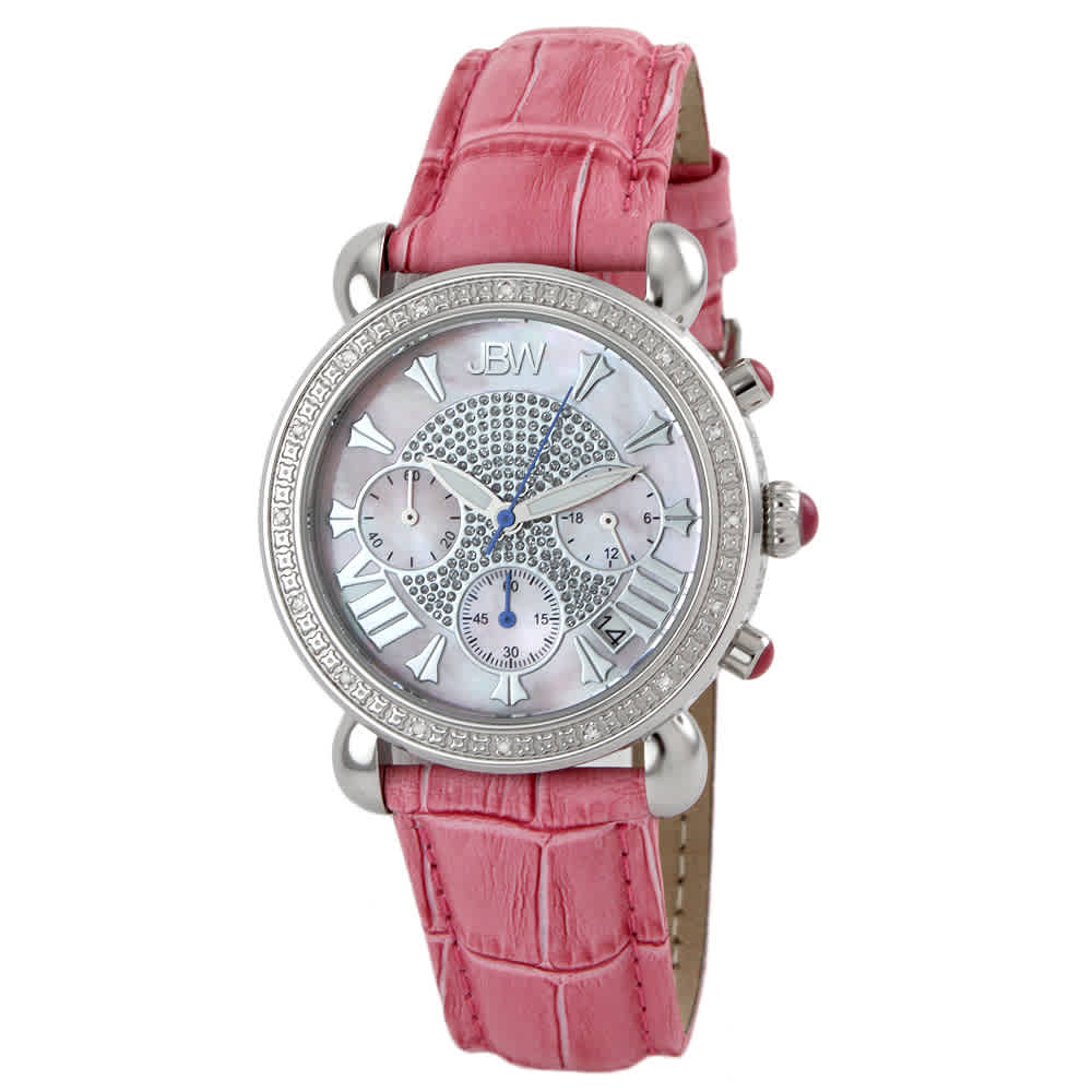 Jbw Victory Diamond Bezel Chronograph Mother Of Pearl Dial Pink Leather Ladies Watch Jb-6210l-e In Mother Of Pearl,pink,silver Tone,white