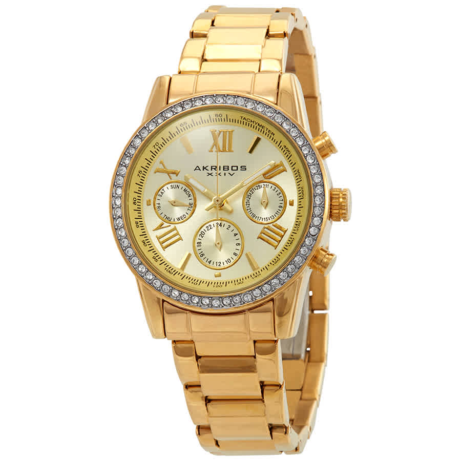 Click to view more detailed imagery on our partner's website Akribos Xxiv Glimmer Gold Tone Dial Ladies Multifunction Watch Ak872yg In Gold Tone,yellow