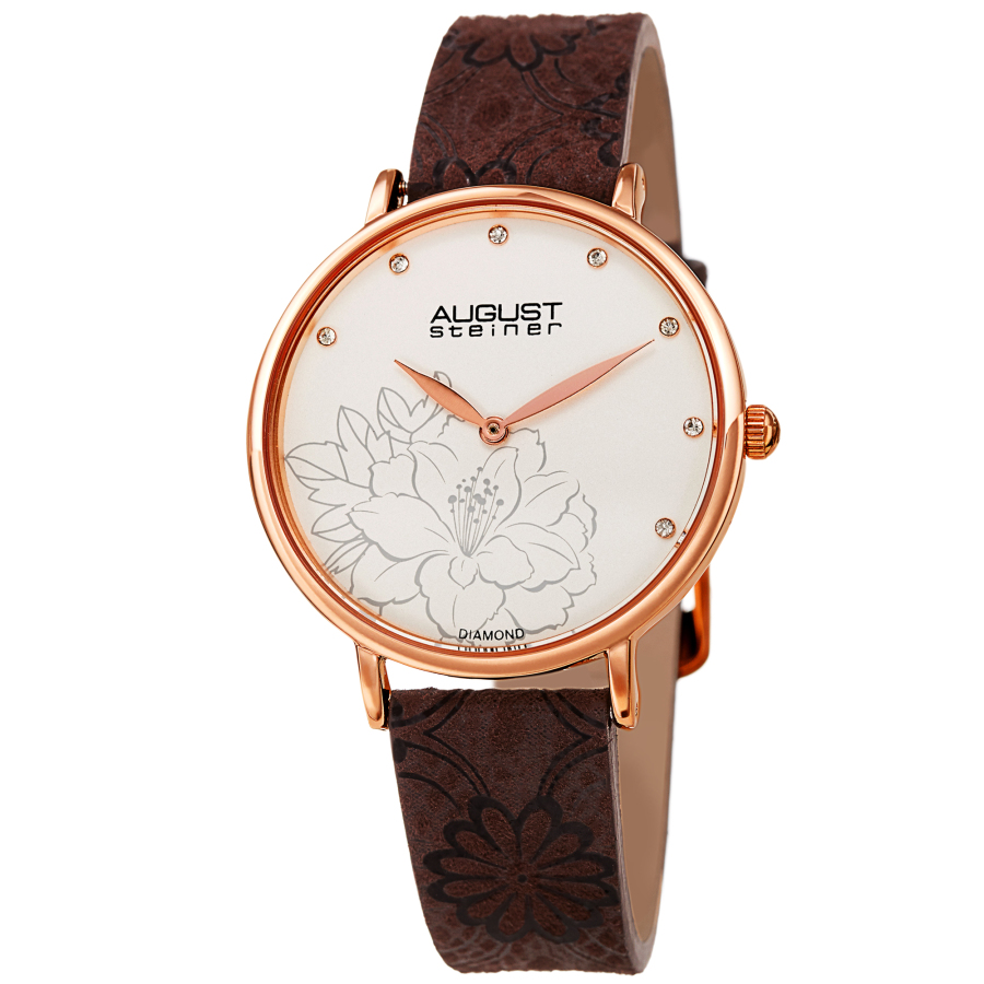 August Steiner Quartz Diamond White Dial Ladies Watch As8242br In Brown / Gold Tone / White