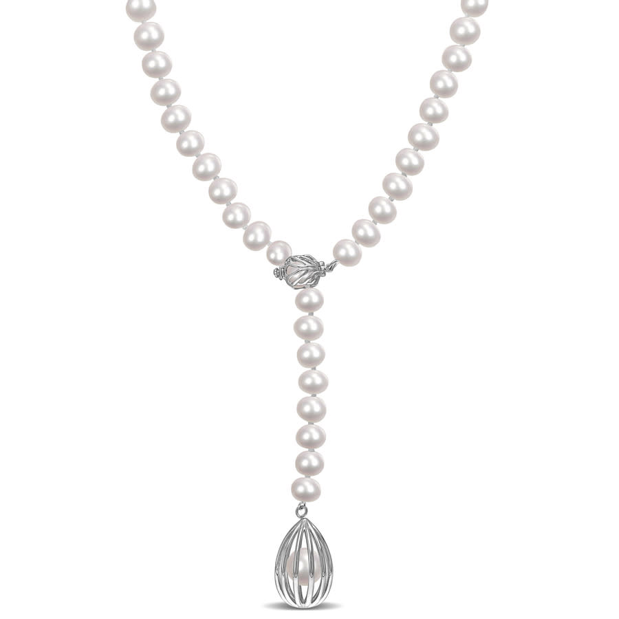 Amour 7-7.5 Mm Freshwater Cultured Pearl Drop Necklace In Sterling Silver In White