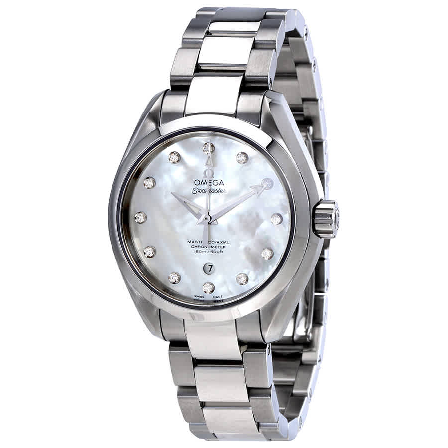 Omega Seamaster Aqua Terra White Mother Of Pearl Automatic Diamond Dial 34 Mm Ladies Watch 231.10.34.20.55 In Blue,mother Of Pearl,silver Tone,white