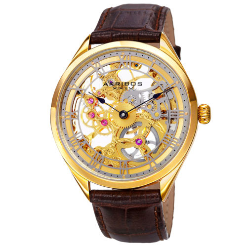 Akribos Xxiv Gold Skeleton Dial Brown Leather Mens Watch Ak802yg In Black,brown,gold Tone,yellow