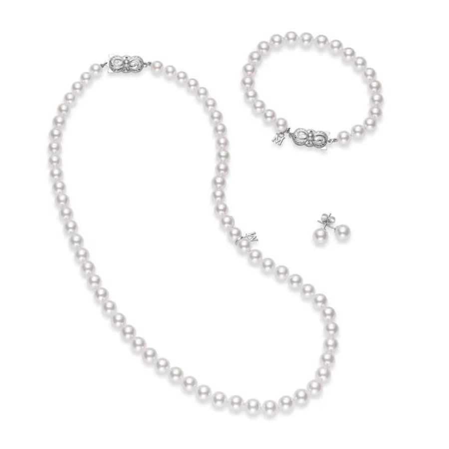 Mikimoto 18" Akoya Cultured Pearl Three Piece Set - 18k White Gold Clasp Box Set In White