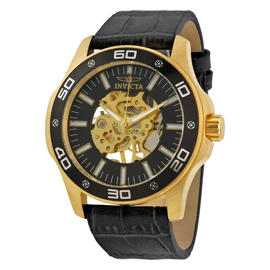 Invicta Specialty Black Skeletal Dial Grey Leather Mens Watch 17261 In Black,gold Tone,grey,yellow