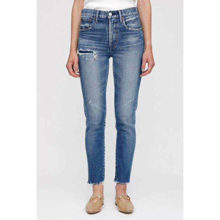 Moussy Hammond High Waist Distressed Raw Hem Skinny Jeans In Blue