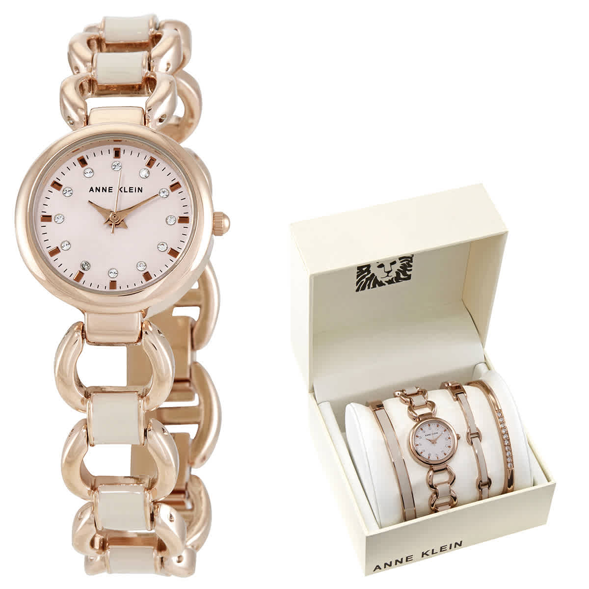 Anne Klein Ii Quartz Crystal Rose Dial Ladies Watch And Bracelet Set 1952rgst In Gold Tone,pink,rose Gold Tone
