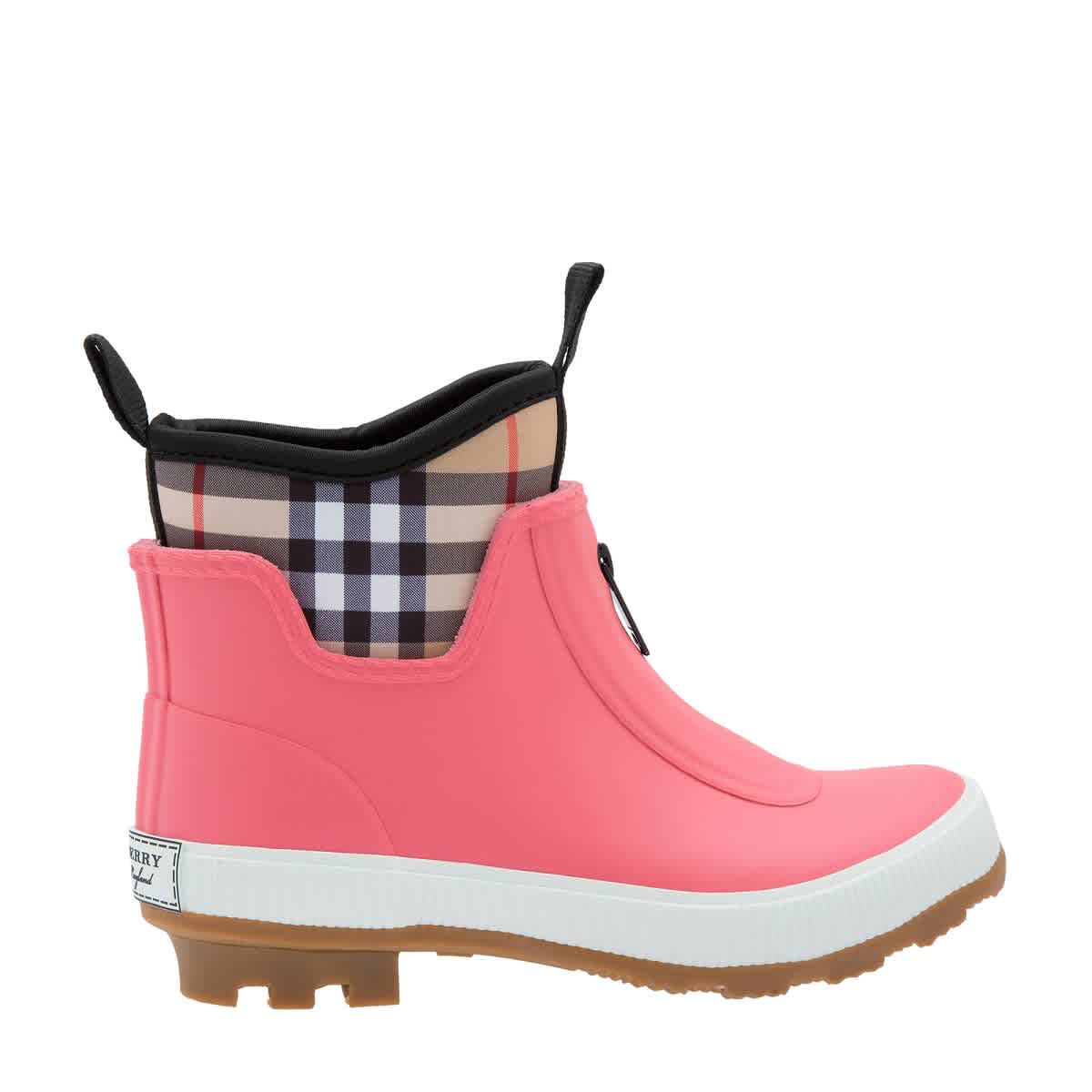 Burberry Childrens Flinton Rubber Rain Boots In Pink Azalea