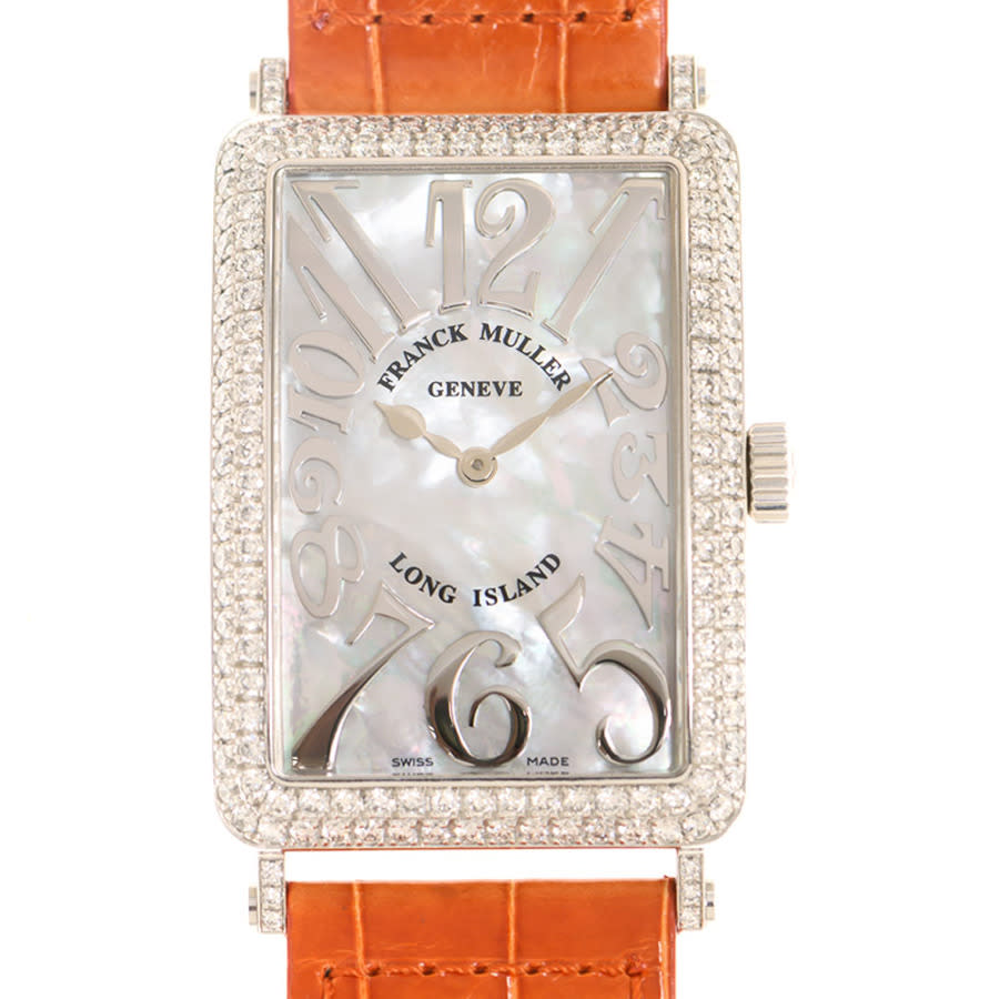 Franck Muller Long Island Quartz Diamond Ladies Watch 1002qzrelmopd(og)-orgstrap In Gold / Gold Tone / Mother Of Pearl / Orange / White