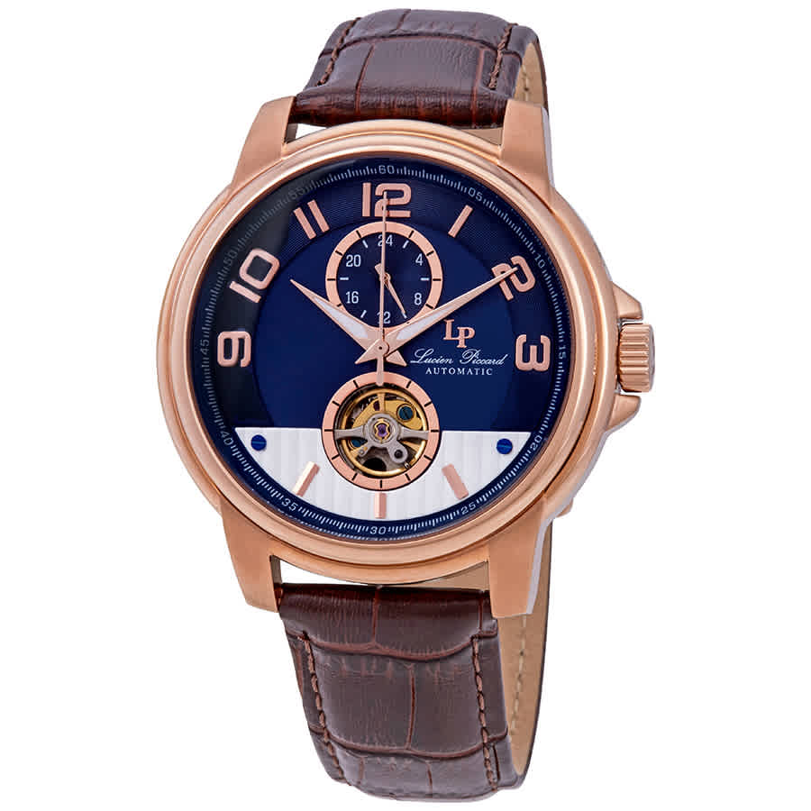 LUCIEN PICCARD OPEN HEART AUTOMATIC BLUE DIAL MENS WATCH LP-28001A-RG-03-BRW